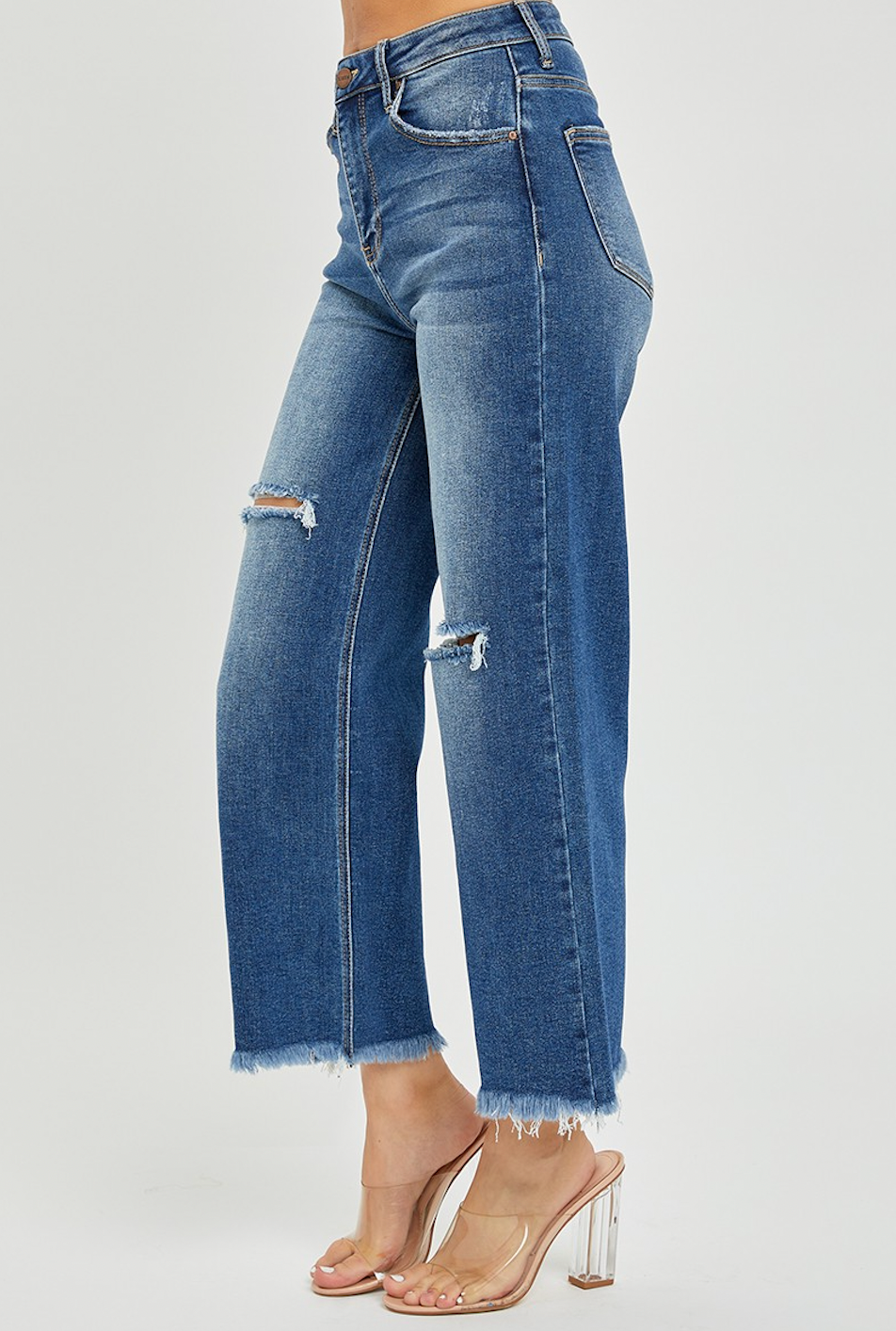 High Rise Frayed Ankle Wide Jeans