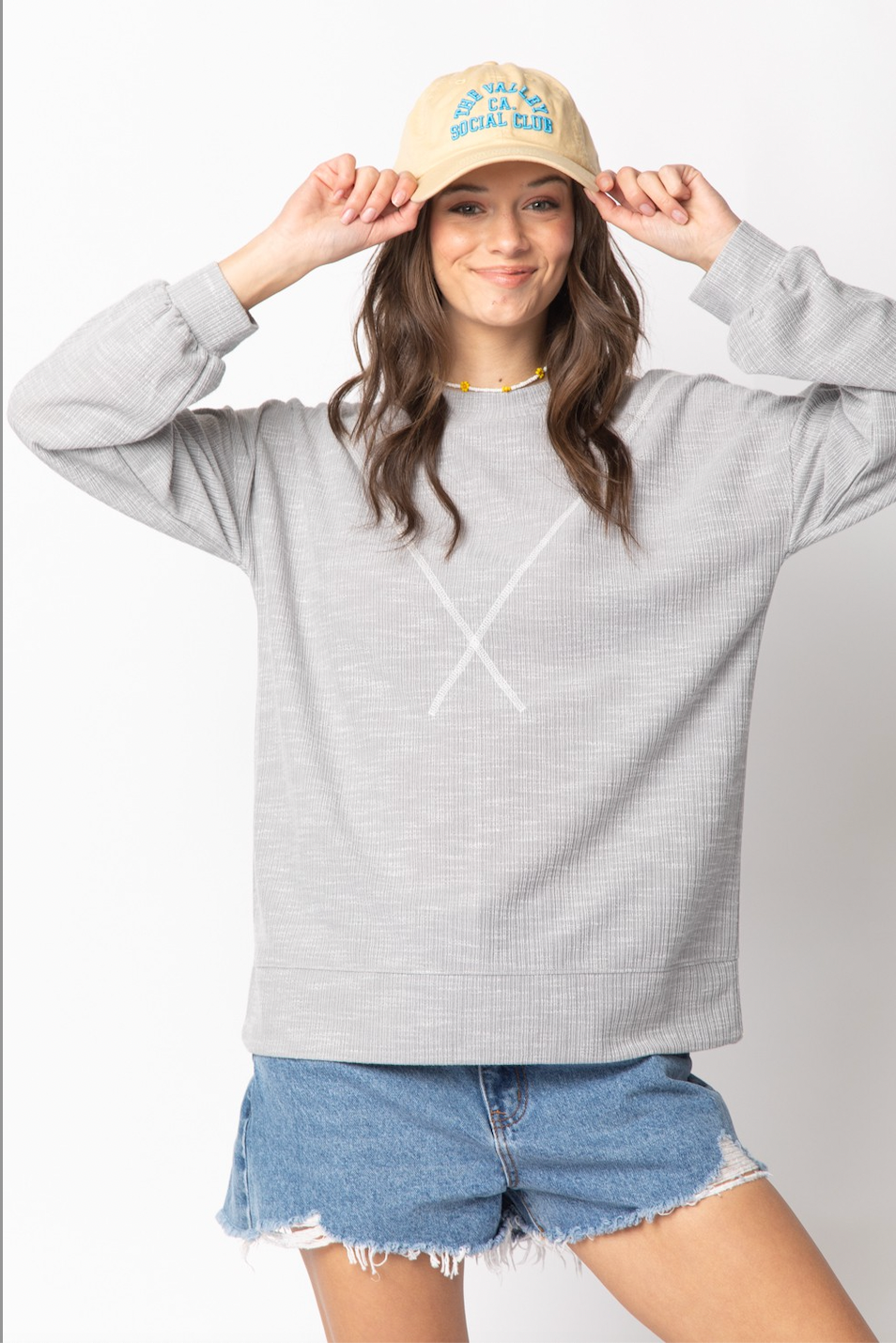 17 Long Sleeve Ribbed Knit V Stitch Top H GREY