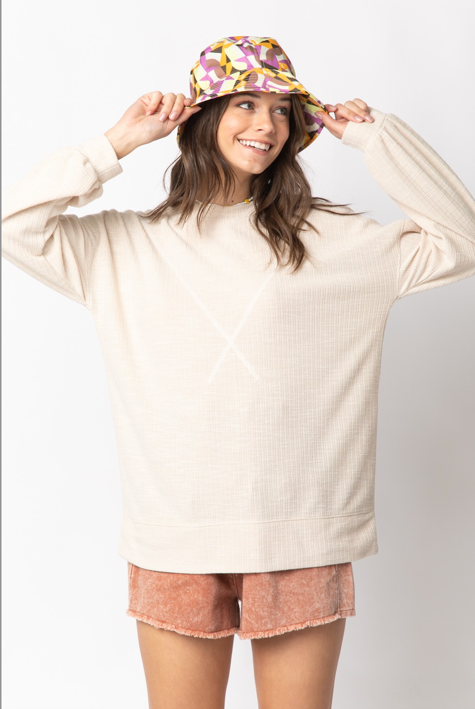 18 Long Sleeve Ribbed Knit V Stitch Top CREAM