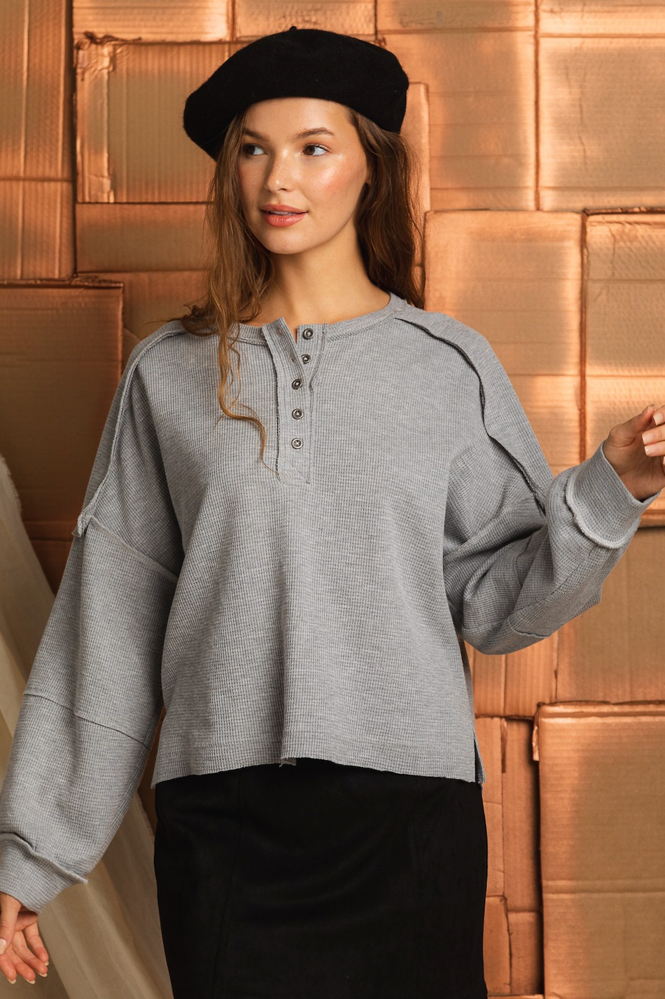 21 Raw Edge Detail Casual Waffle Knit Henley Top H GREY – The Copper Petal