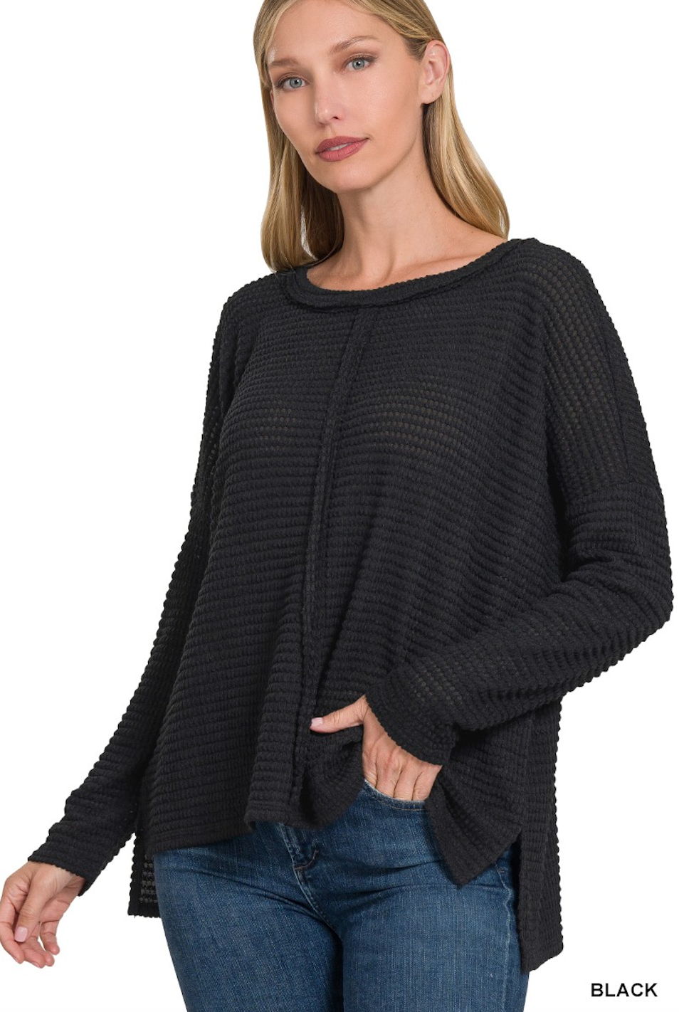 26 DOLMAN LONG SLEEVE BOAT NECK JACQUARD SWEATER BLACK