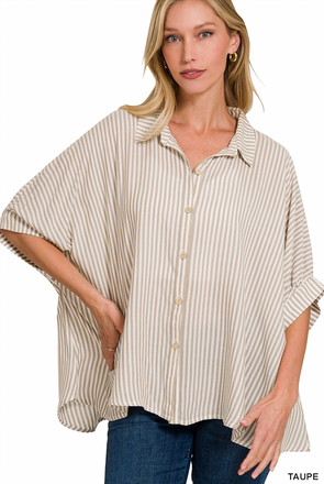 28 RAYON STRIPED SHORT SLEEVE BUTTON UP SHIRT TAUPE