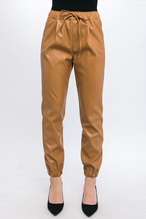 83 faux leather jogger pant camel