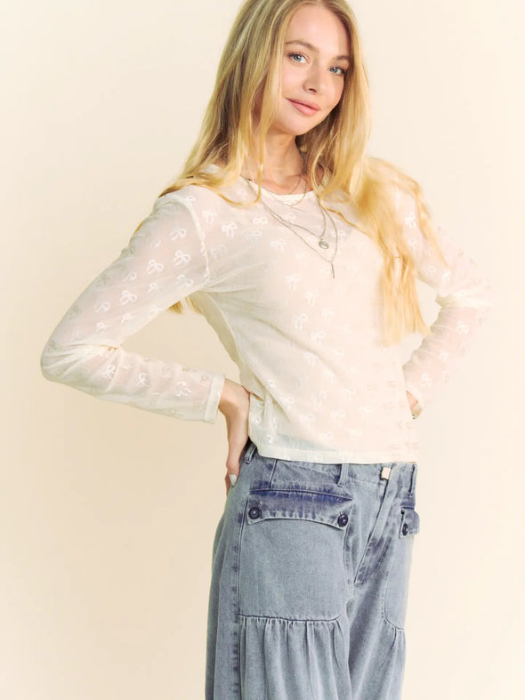 Ribbon Embroidered Long Sleeve Mesh Top