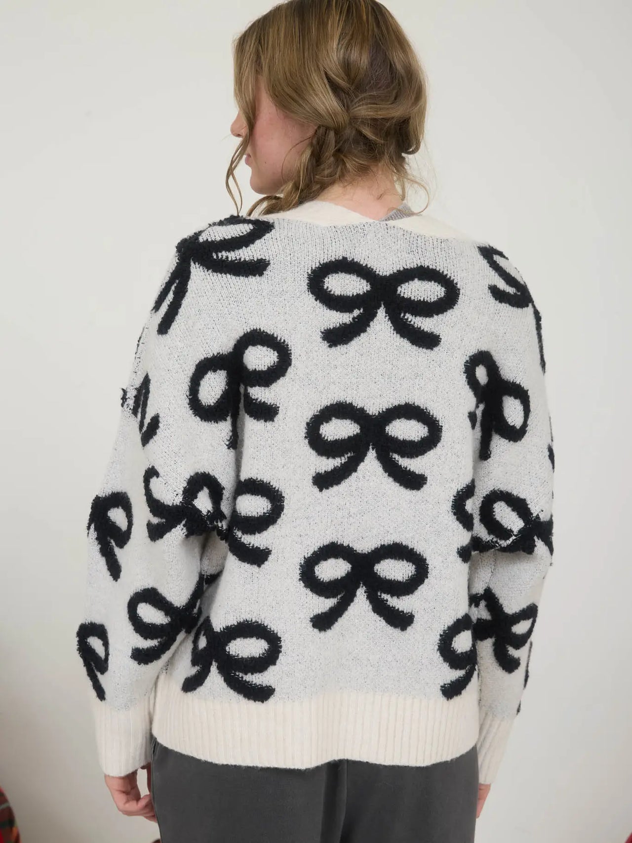 Bow Pattern Button Down Knit Cardigan