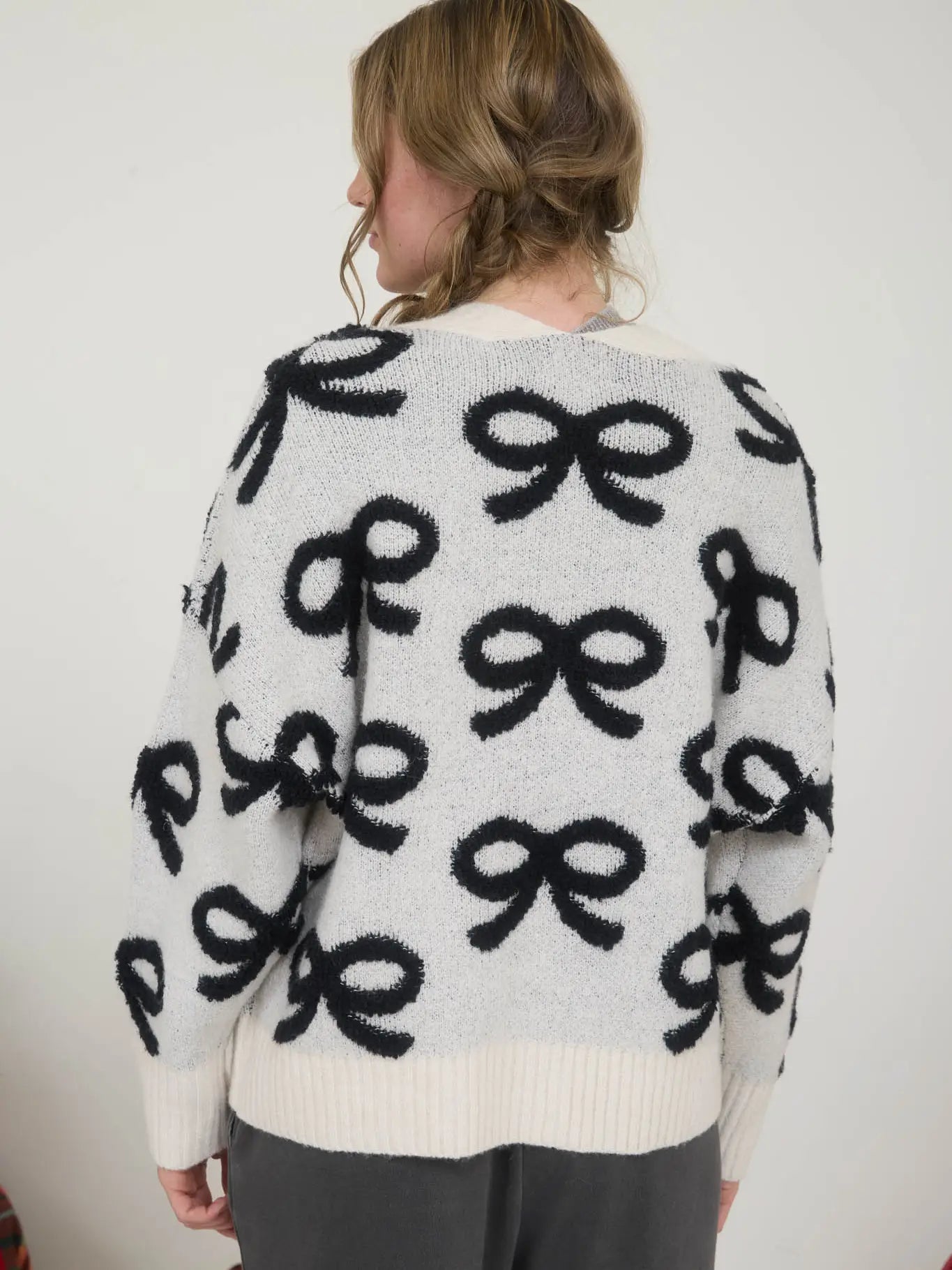 Bow Pattern Button Down Knit Cardigan