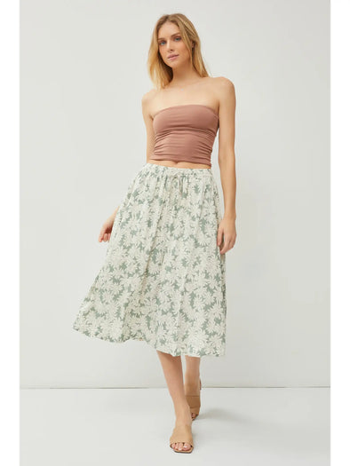 Linen Blend Drawstring A-Line Flare Midi Skirts Sage Print