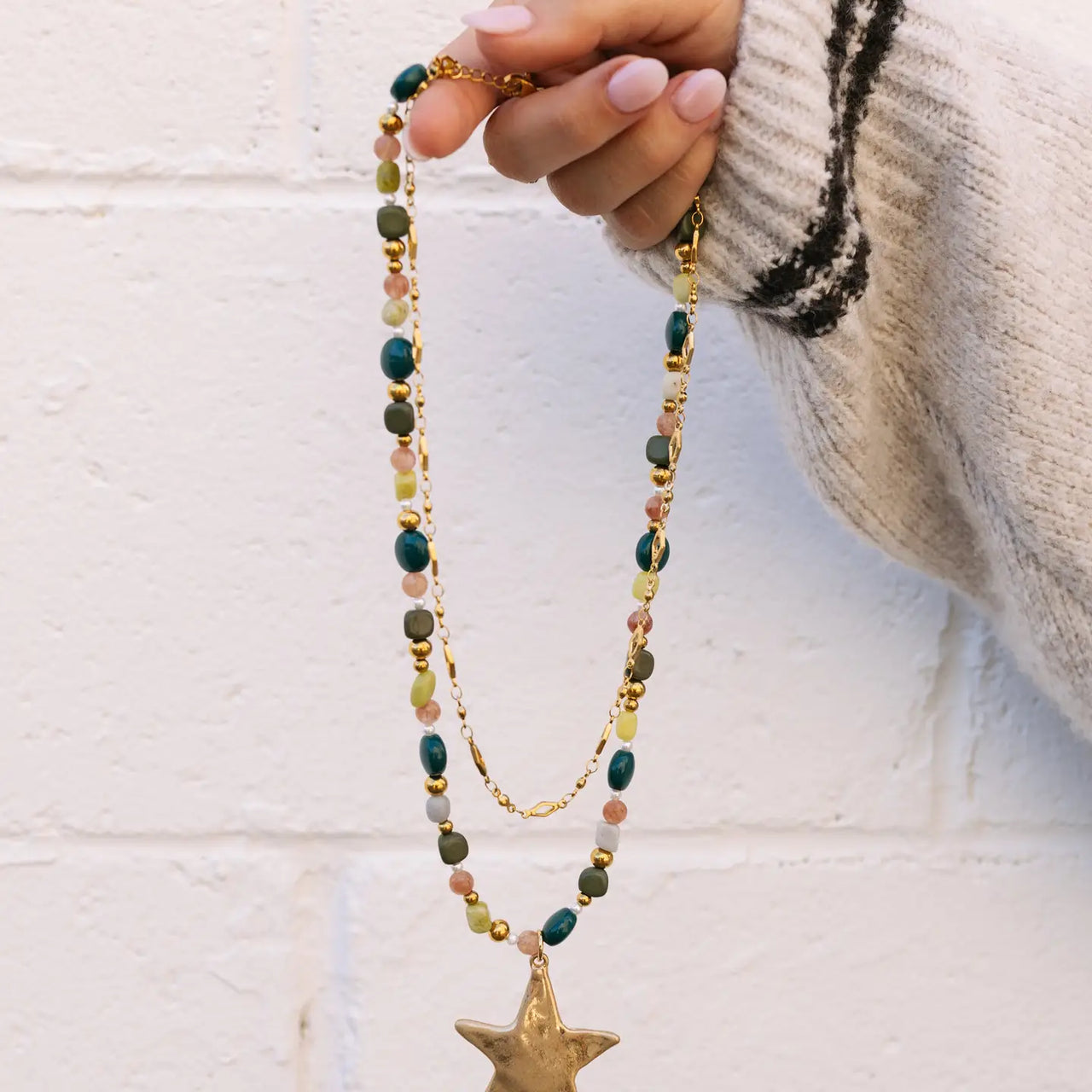 Ziggy Star Layered Necklace - Green