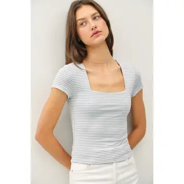 Ultra Soft Double Lined Striped Square Neck Top SLATE BLUE