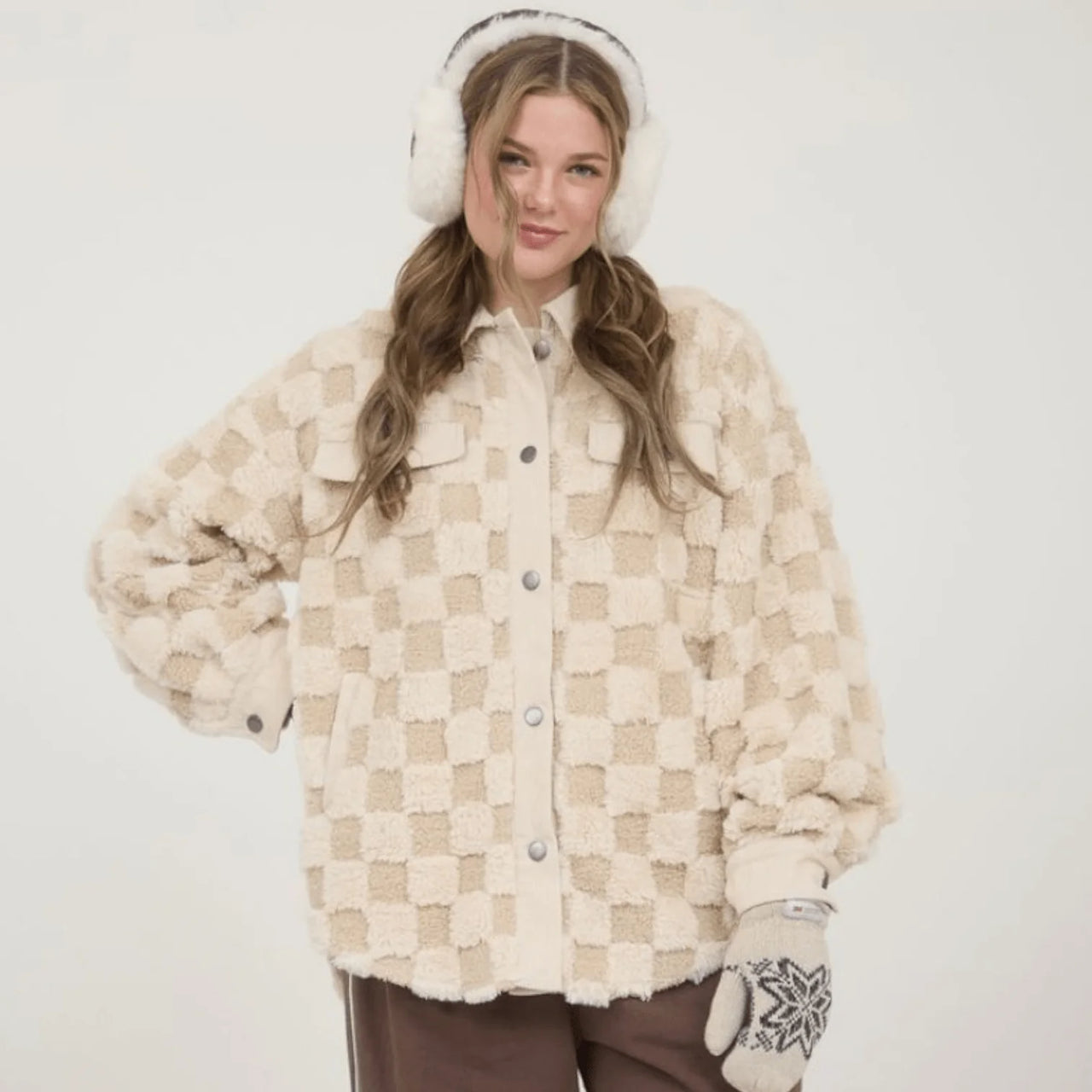 Checkered Faux Shearling Button Down Shacket