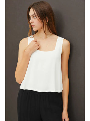 Rayon Flowy Square Neck Crop Tank Top White