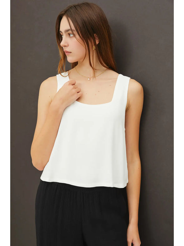 Rayon Flowy Square Neck Crop Tank Top White