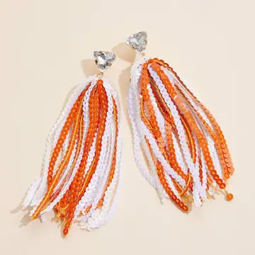 Sequined Tassels Glass Charm Dangling Earrings ORANGE WHITE