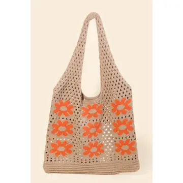 Multi Flower Crochet Knit Tote Bag