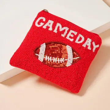 Game Day Seed Beaded Coin Pouch RED WHITE