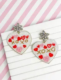 'XOXO' White Heart Beaded Dangle Earrings
