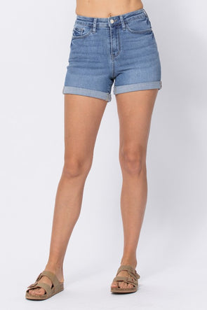 Hi Rise Open Seam Cuffed Shorts Light Wash