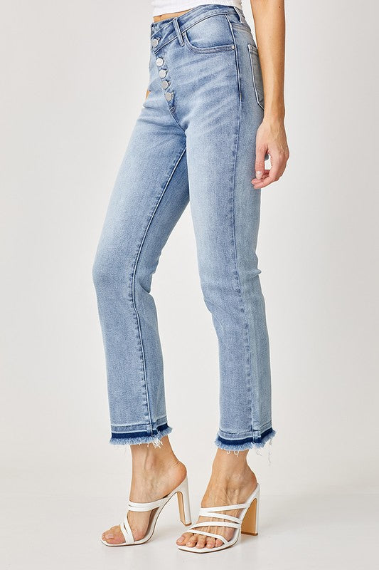 high rise cross over button down straight jeans