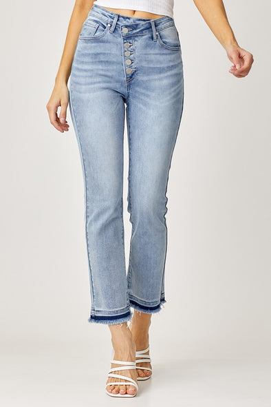 high rise cross over button down straight jeans