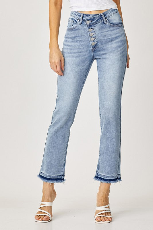 high rise cross over button down straight jeans
