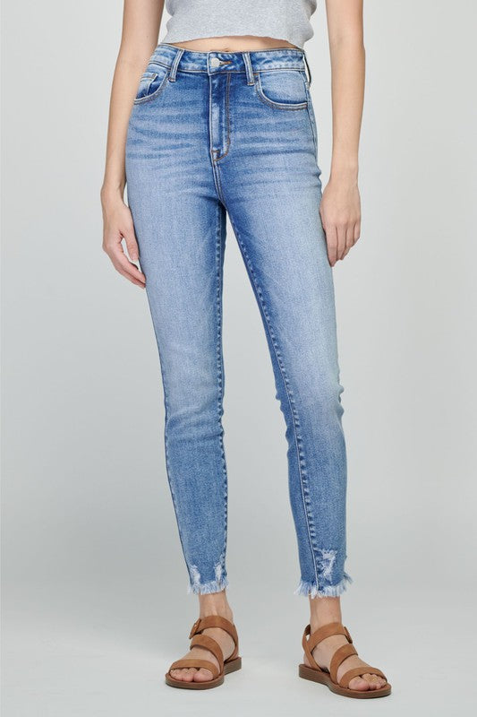 High Rise Ankle Skinny with Frayed Hem