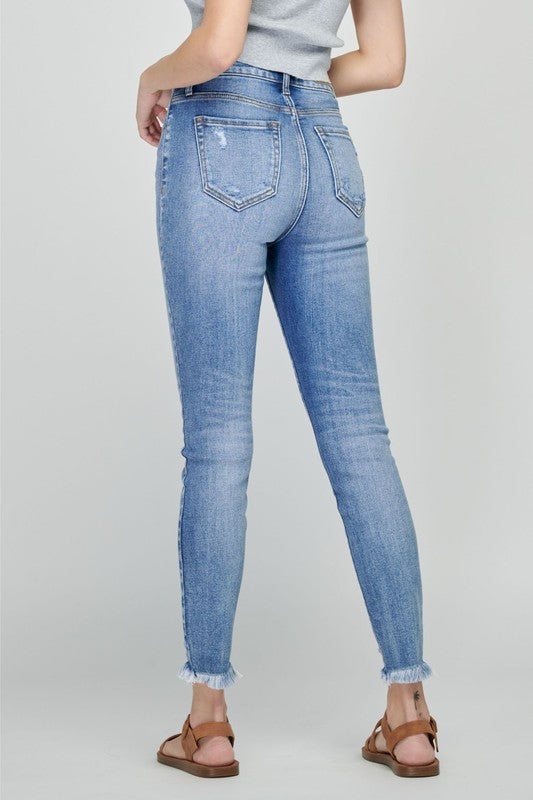 High Rise Ankle Skinny with Frayed Hem