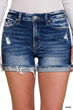 cuffed raw hem denim shorts