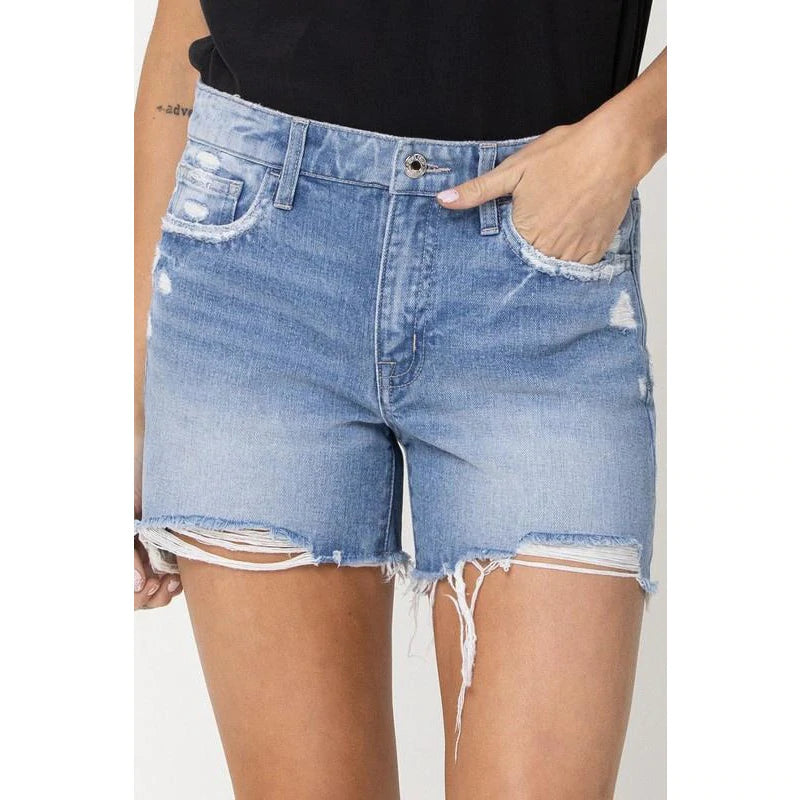 mid rise distressed raw hem shorts