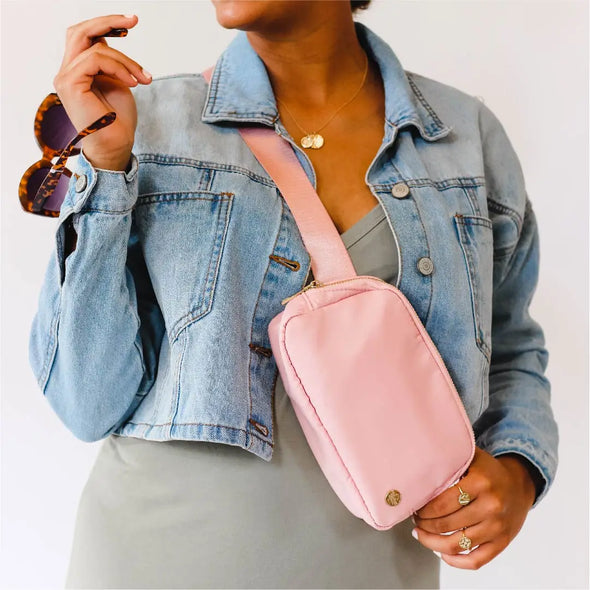 dusty blush belt bag with wallet included the darling effect