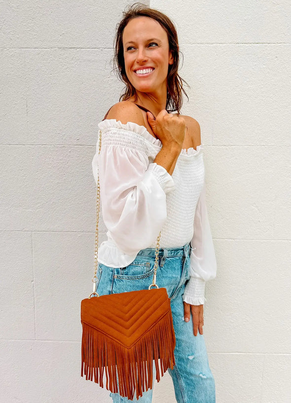 Russel Quilted Crossbody with Fringe Camel