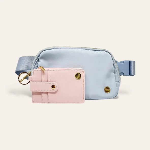 misty blue belt bag with wallet included the darling effect