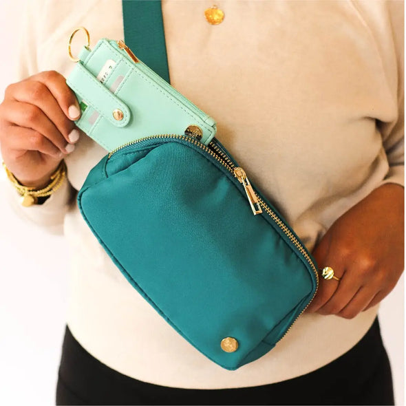 brilliant teal belt bag with wallet included the darling effect
