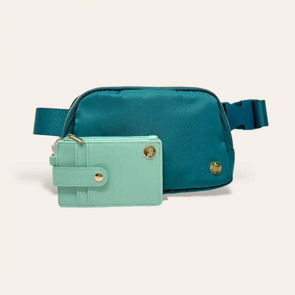 brilliant teal belt bag with wallet included the darling effect