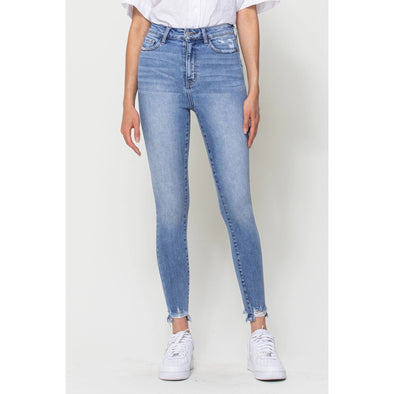 high rise frayed ankle skinny