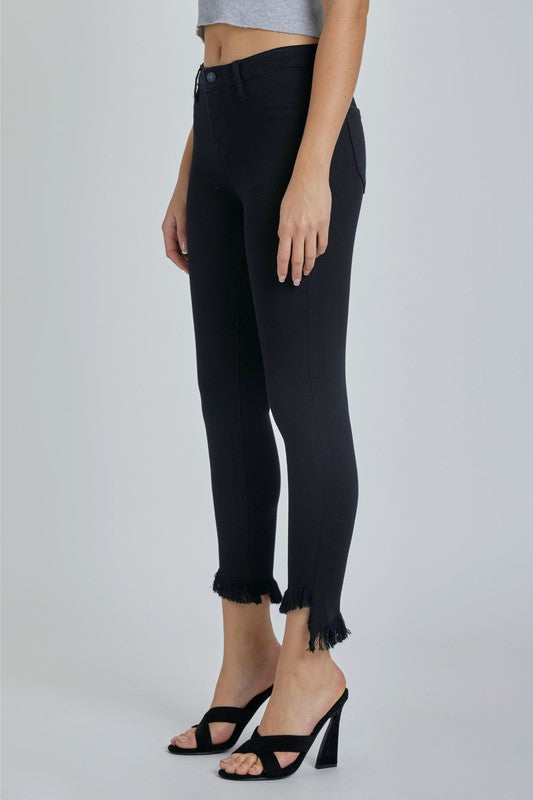 Mid Rise Black Crop Skinny with Fray Hem