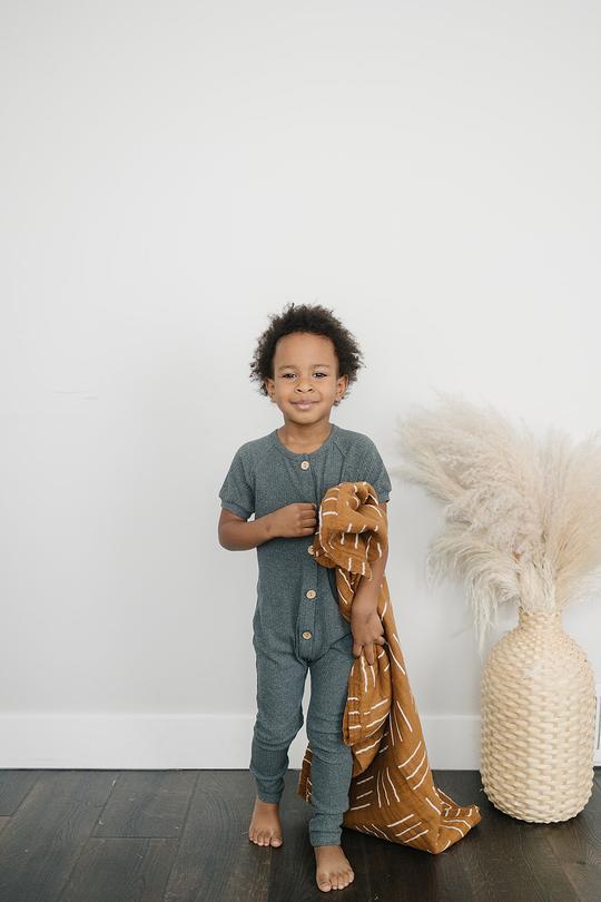 charcoal ribbed short sleeve cotton button romper