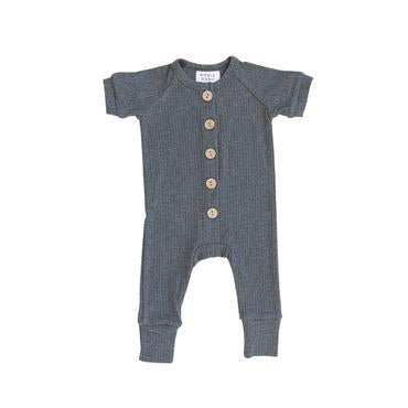 charcoal ribbed short sleeve cotton button romper