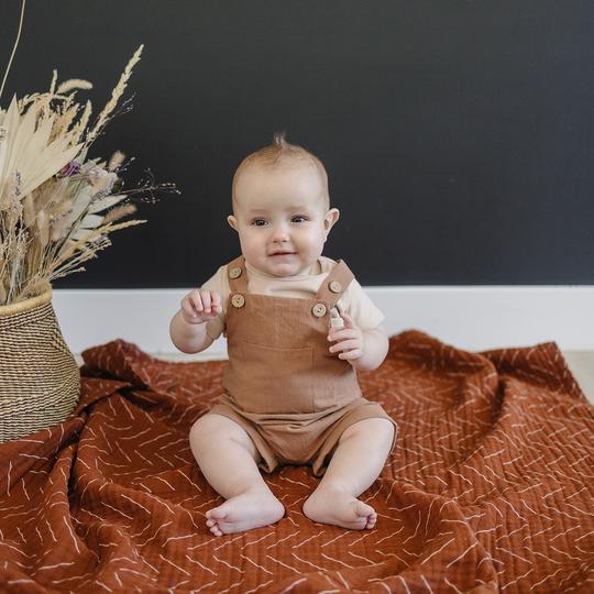 camel short linen overalls