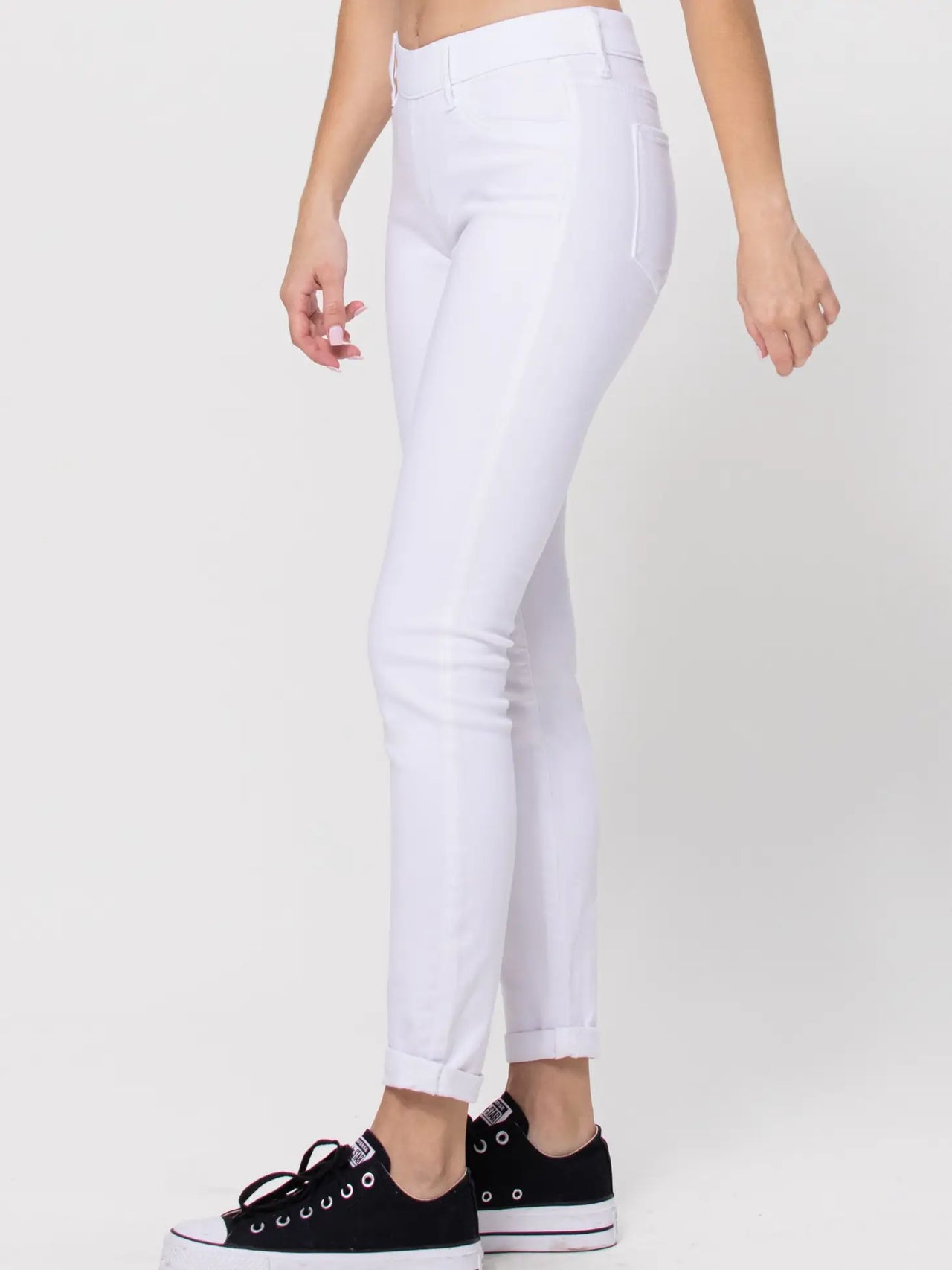 mid rise double rolled cuff pull on crop skinny