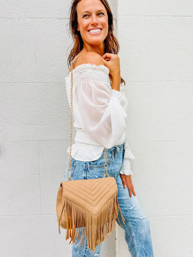 Russel Quilted Crossbody with Fringe Beige