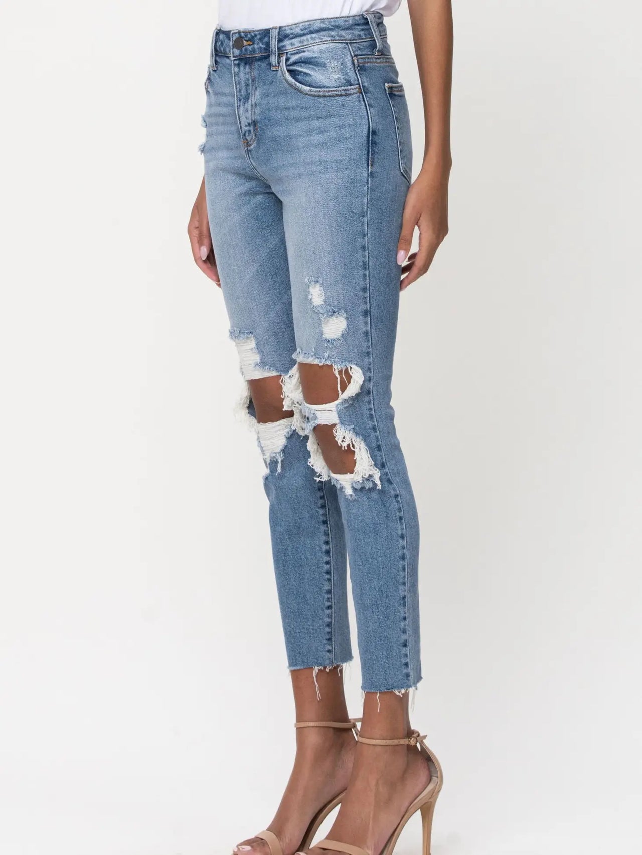 high rise distress mom skinny with raw cut hem