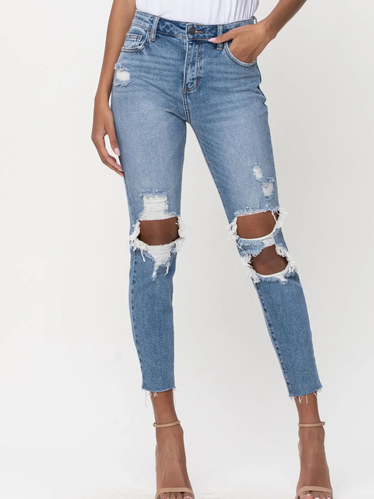 high rise distress mom skinny with raw cut hem