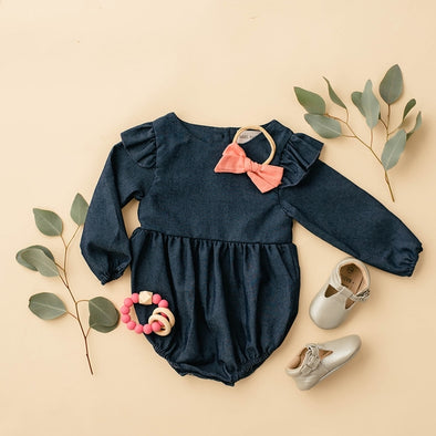 denim flutter sleeve romper