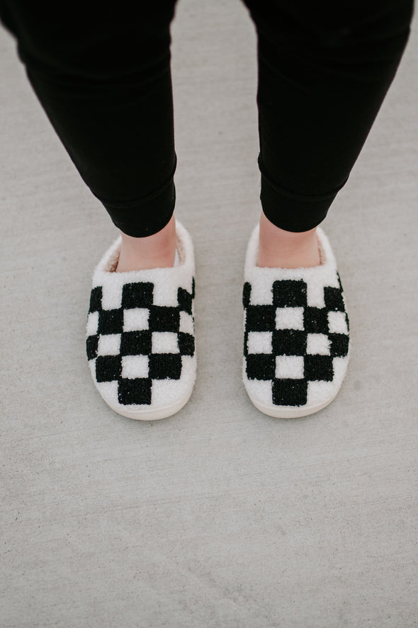 black checkered slippers