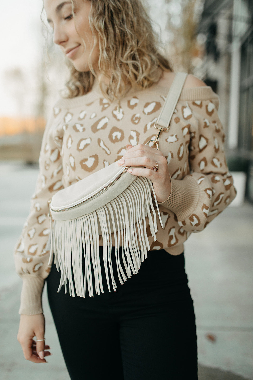 removable fringe bum bag - cream