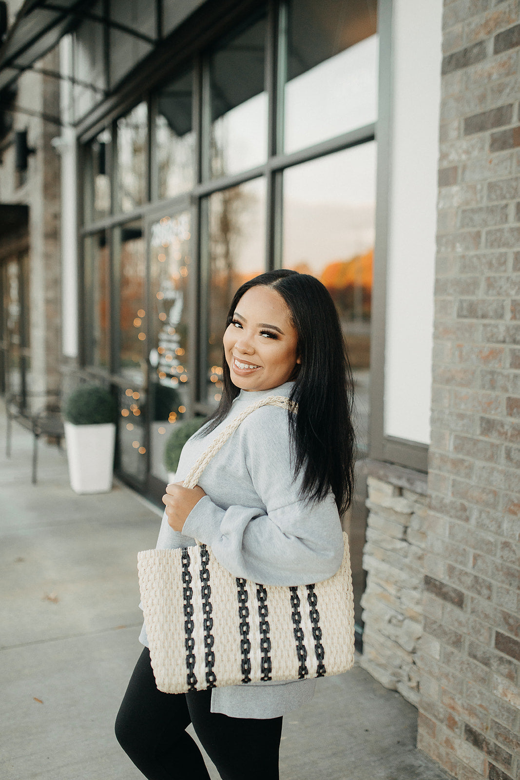 striped woven tote